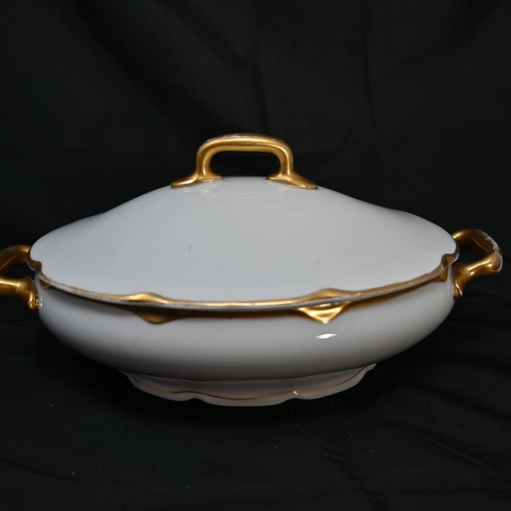 Antique Carlsbad Austria Porcelain Covered Vegetable Bowl Tureen Gold Trim
